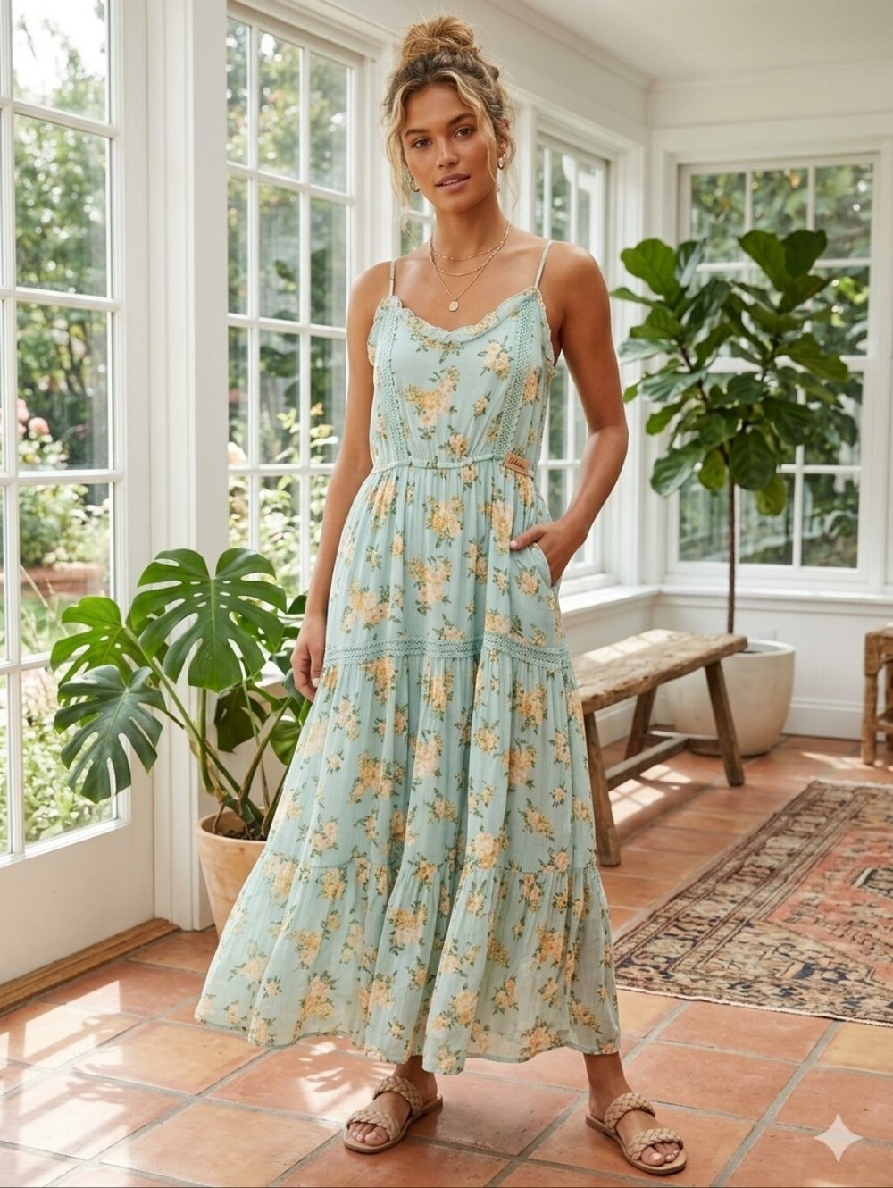MINE Women's M Pastel Green Floral Dress with Dusty Pink Rose Accents